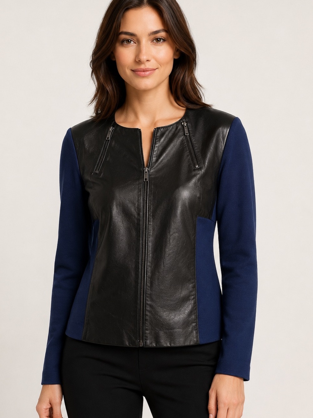 St. John Black Leather & Navy Moto Zip Front Jacket Size 10 - Picture 2 of 7